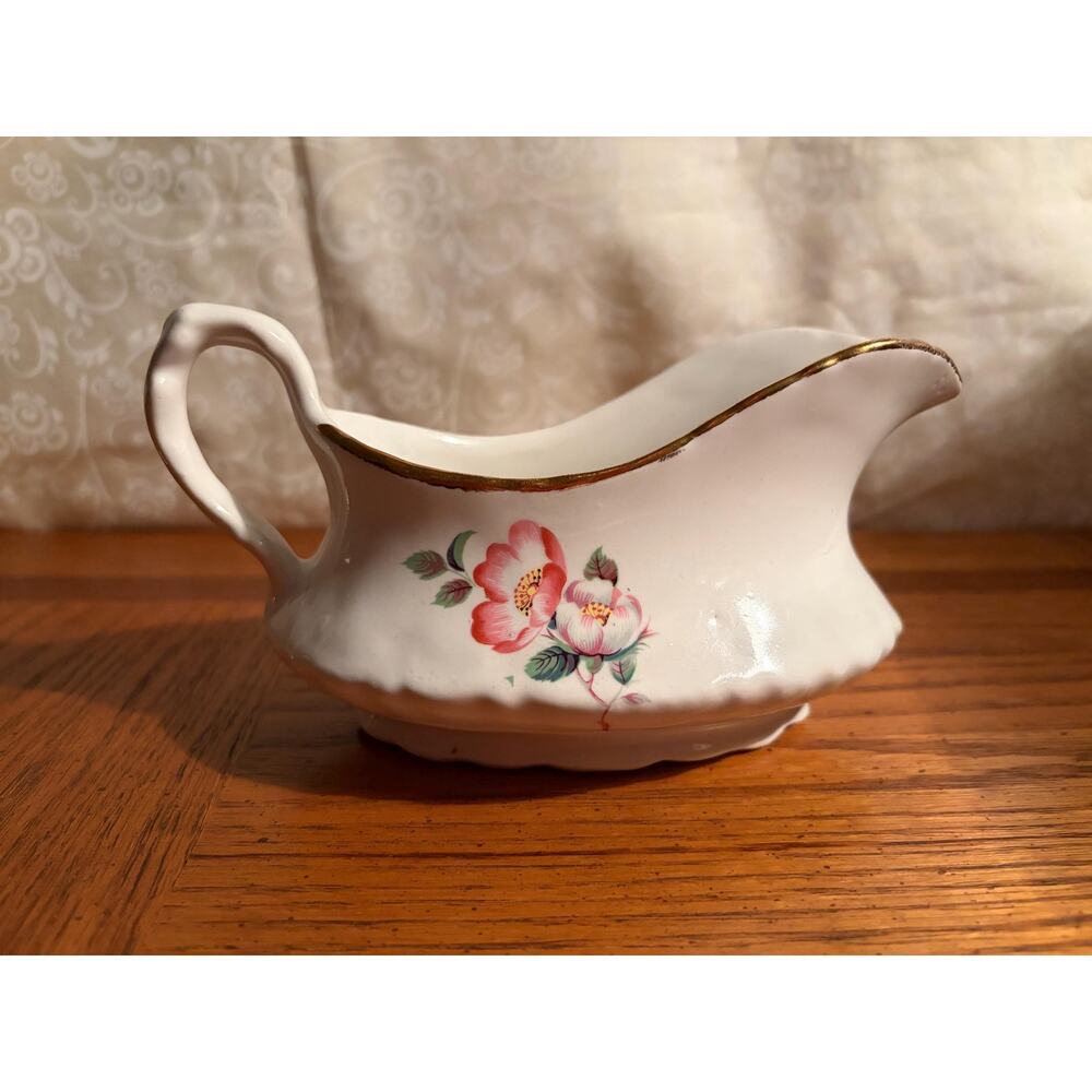 Vintage Fine China Pink Dogwood Gravy Boat with Gold Rim